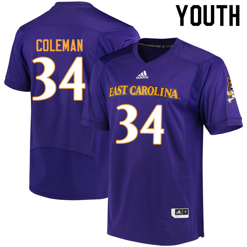 Youth #34 Cam Coleman ECU Pirates College Football Jerseys Sale-Purple - Click Image to Close
